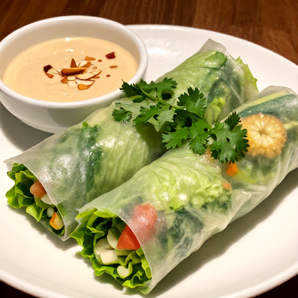 Plated fresh lettuce wrapped veggie spring rolls with almond dip