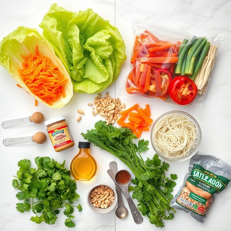 Raw ingredients for fresh lettuce wrapped veggie spring rolls on a marble counter