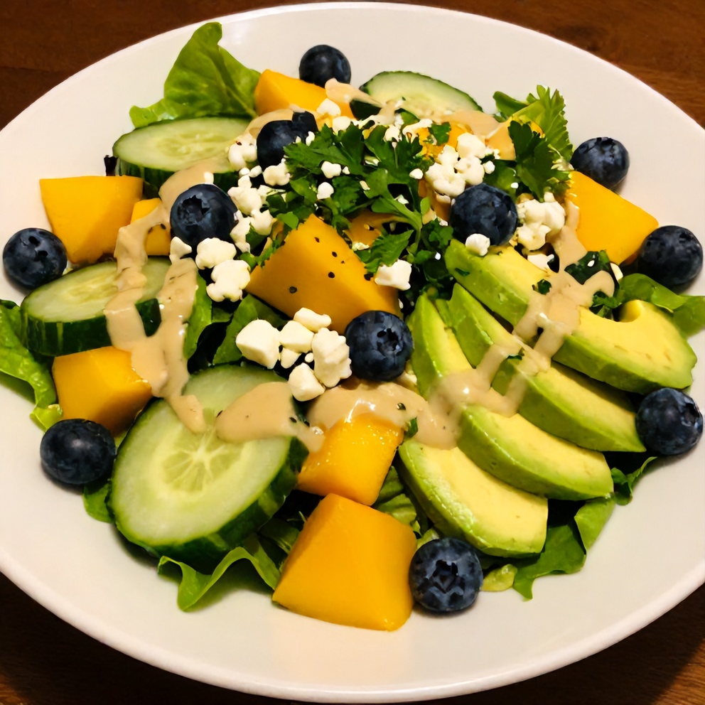 Plated Fresh Mango Cucumber Salad with Blueberries and Avocado