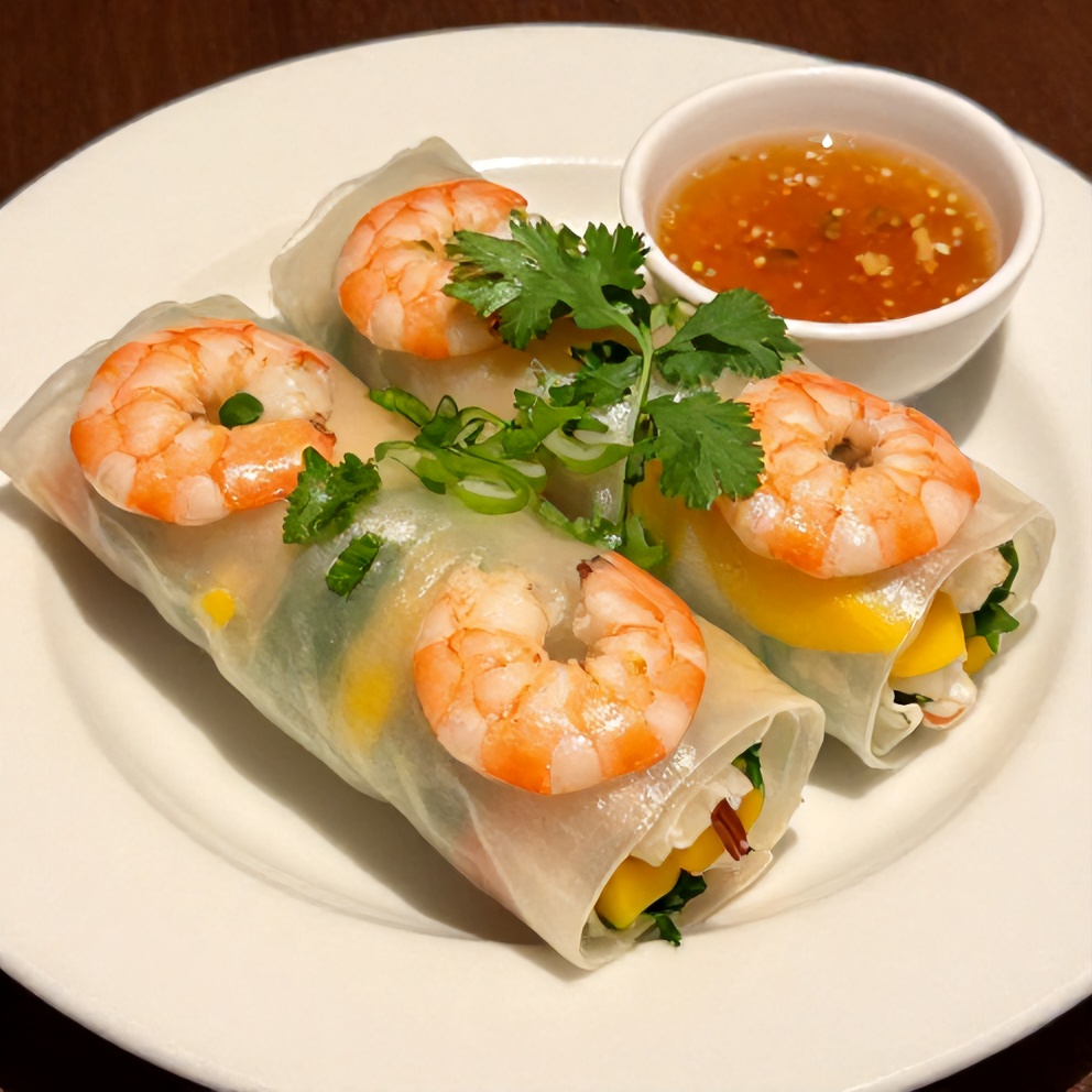 Plated Fresh Mango Shrimp Summer Rolls with Tangy Dipping Sauce on a white plate