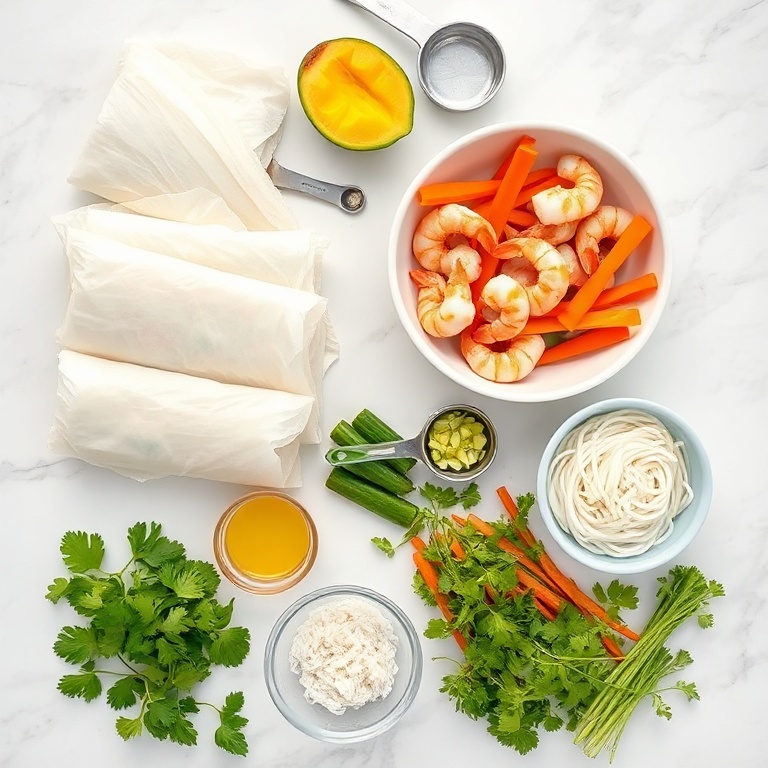 Raw ingredients for Fresh Mango Shrimp Summer Rolls on a white marble surface