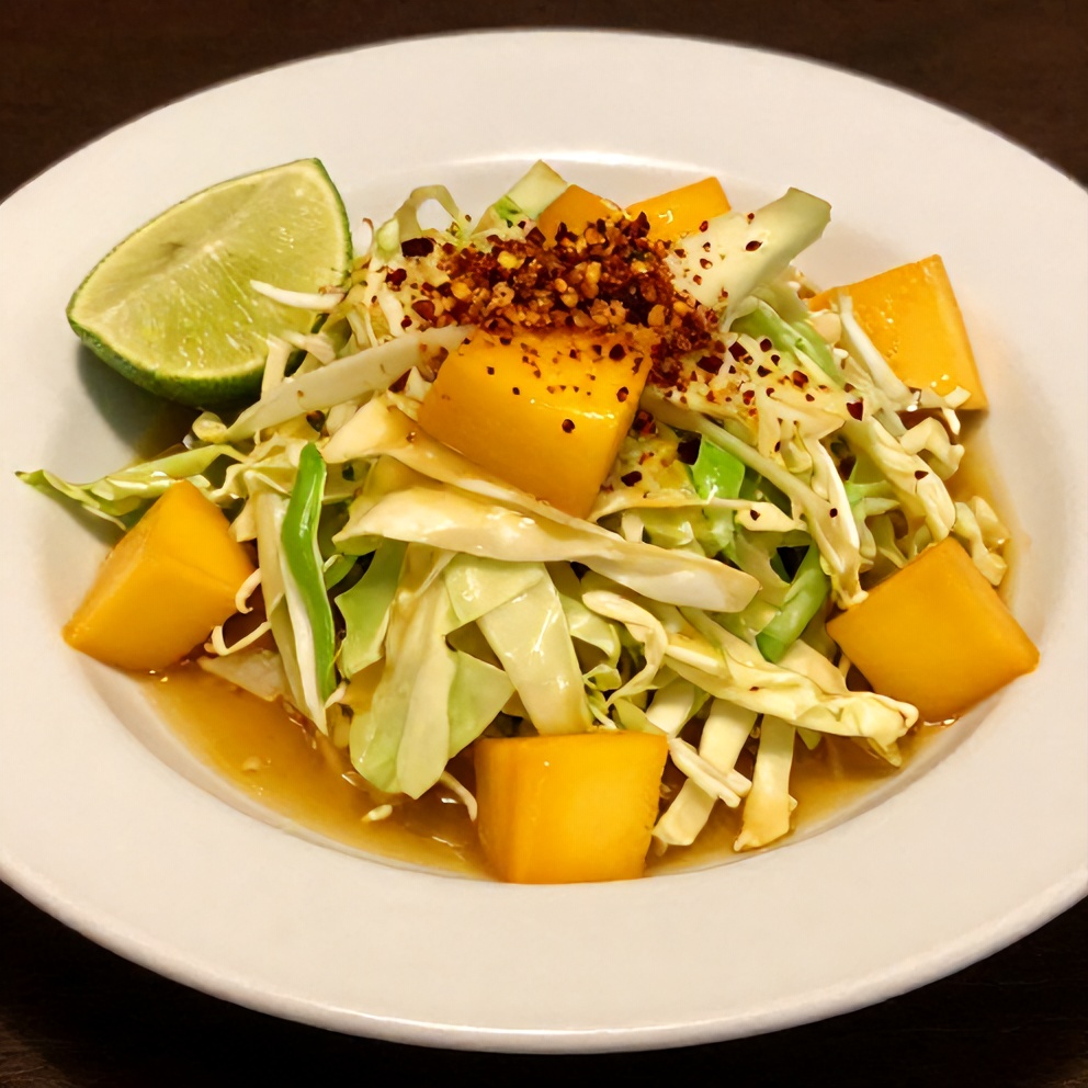 Plated fresh mango slaw with lime and honey dressing