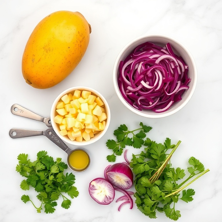 Raw ingredients for fresh mango slaw