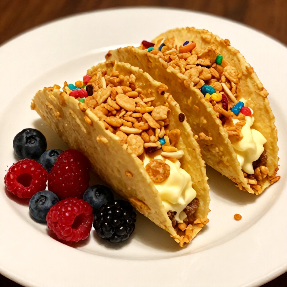 Plated Fruity Pebbles Cheesecake Tacos with a garnish of fresh berries