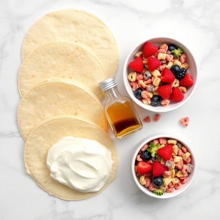 Ingredients for Fruity Pebbles Cheesecake Tacos on a marble surface
