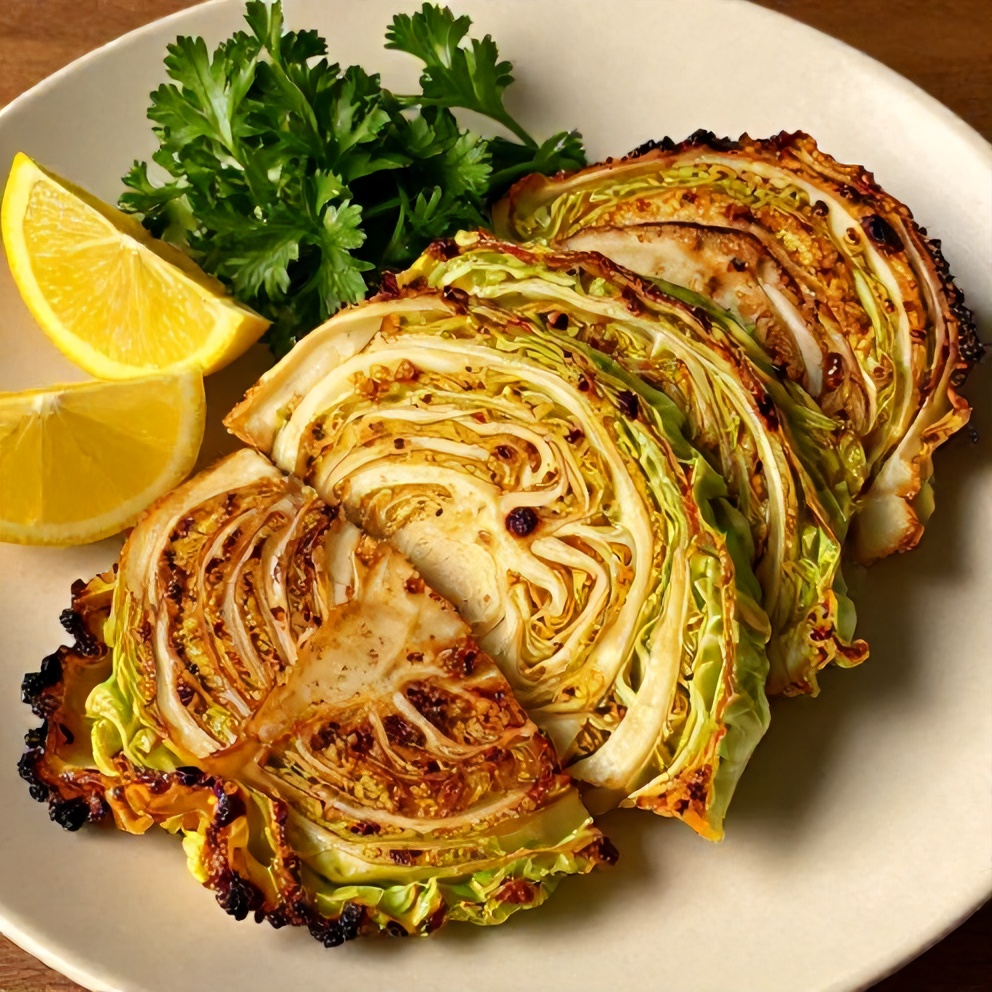 Plated Garlic Roasted Cabbage Steaks with Smoky Spices