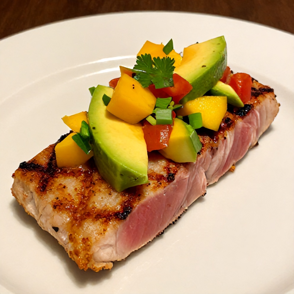 Plated grilled tuna steak with fresh mango avocado salsa