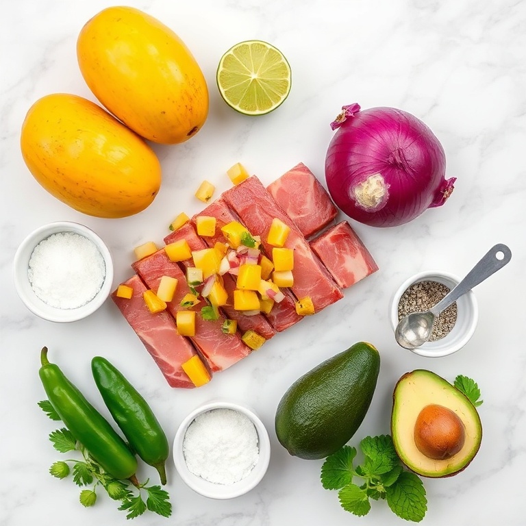 Raw ingredients for grilled tuna steak with mango avocado salsa