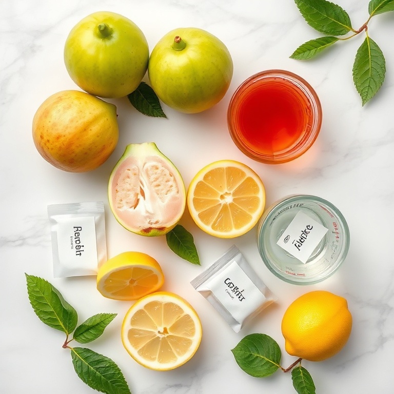 Raw ingredients for Guava White Tea Lemonade including guavas, lemons, sugar, and white tea bags