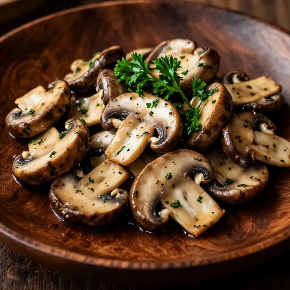 Plated serving of herb butter sautéed mushrooms with parsley garnish