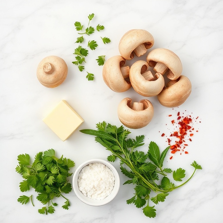 Raw ingredients for herb butter sautéed mushrooms in a flat lay