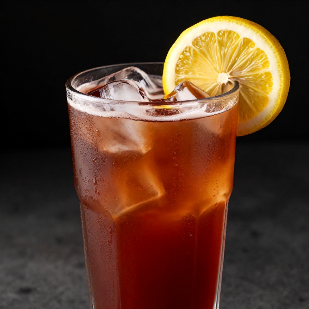Hibiscus Cardamom Iced Latte garnished with a lemon wheel and served in a glass