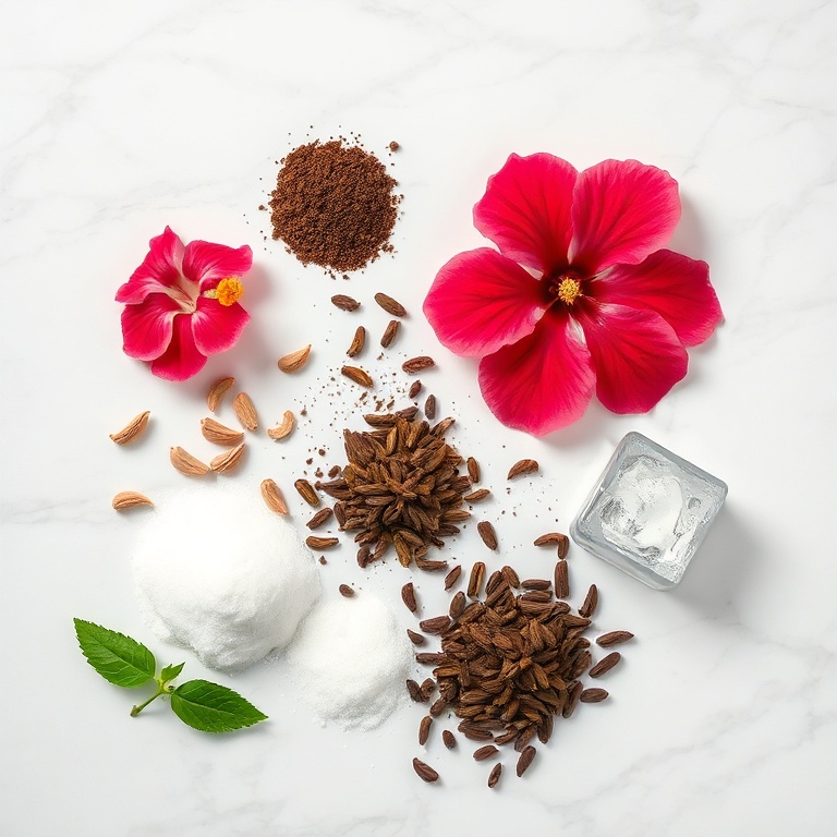 Hibiscus flowers, cardamom pods, coffee grounds, sugar, and ice arranged on a wooden surface