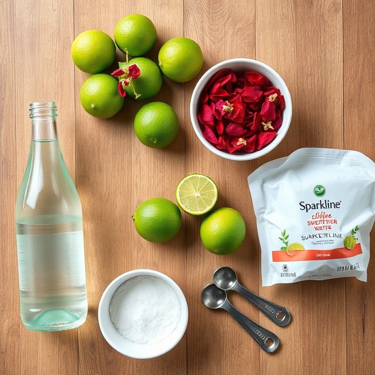 Ingredients for hibiscus lime sparkling water laid out on a wooden surface