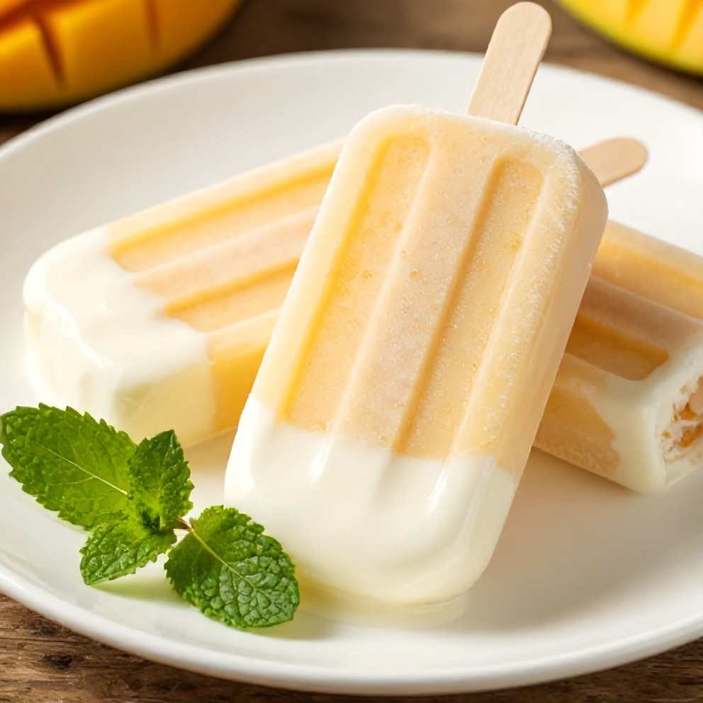 High Protein Mango Greek Yogurt Popsicle on a white plate