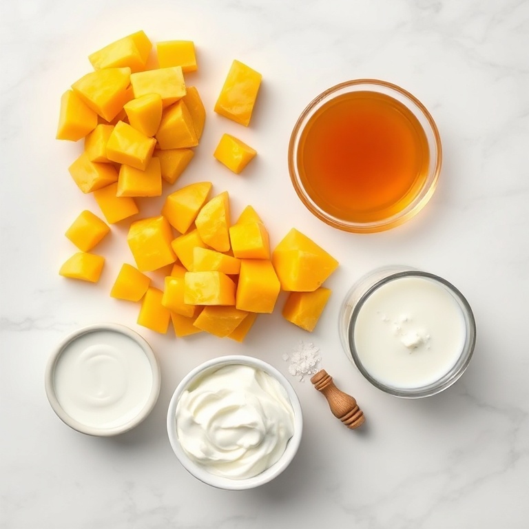 Raw ingredients for Mango Greek Yogurt Popsicles on a marble surface