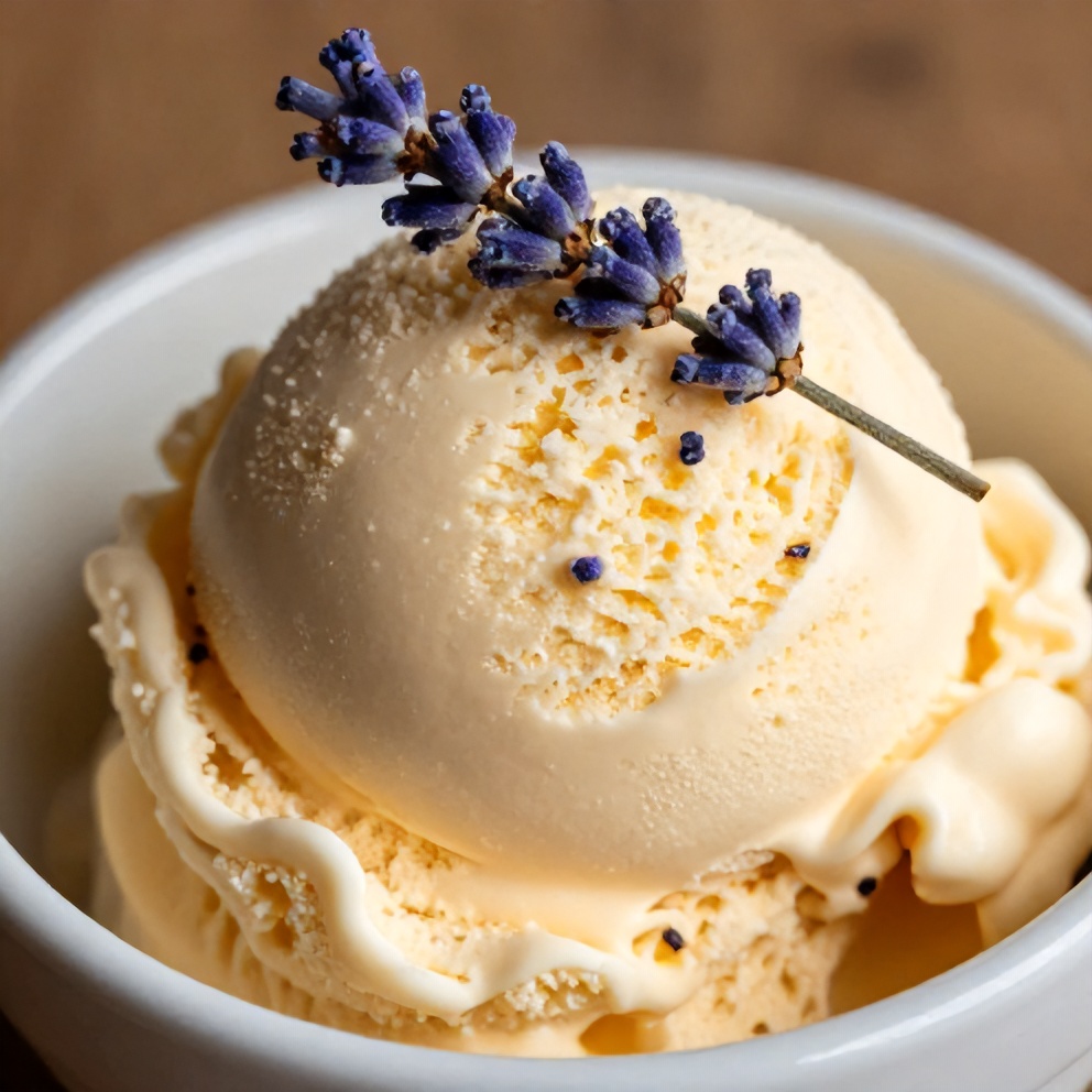 Honey lavender ice cream scooped into a bowl with a sprig of fresh lavender