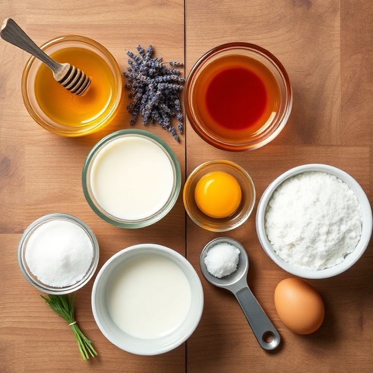 Honey, dried lavender, heavy cream, milk, sugar, and eggs arranged on a wooden surface