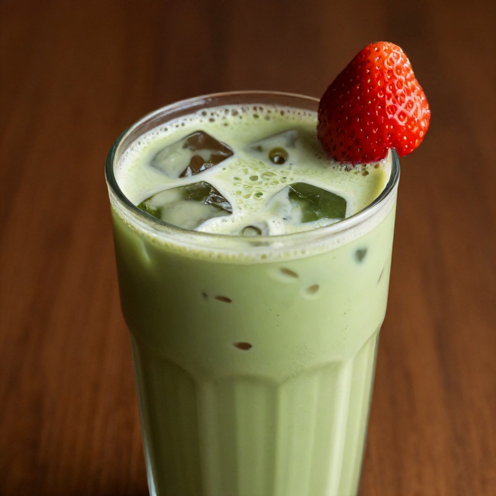 Iced Matcha Strawberry Latte with a strawberry garnish