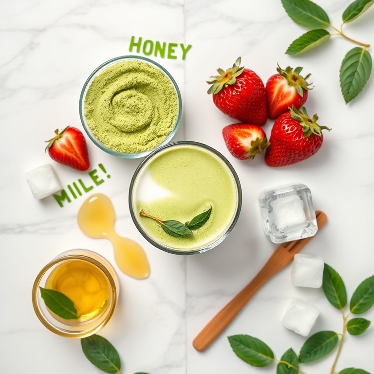 Raw ingredients for Iced Matcha Strawberry Latte on a white marble surface