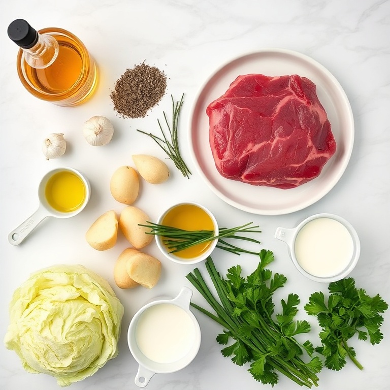 Raw Ingredients for Irish Whiskey Steak with Creamy Colcannon Mash