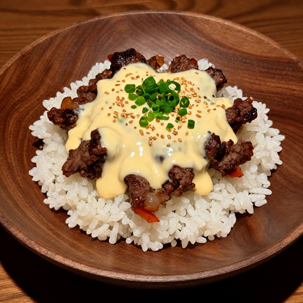 Korean BBQ Steak Rice Bowls with Spicy Cream Sauce