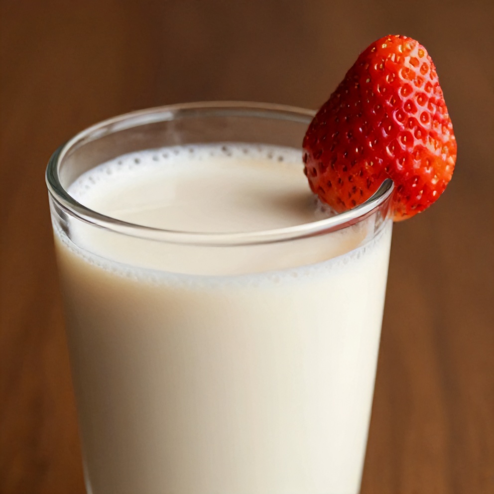 Glass of Korean strawberry milk with a strawberry on the rim