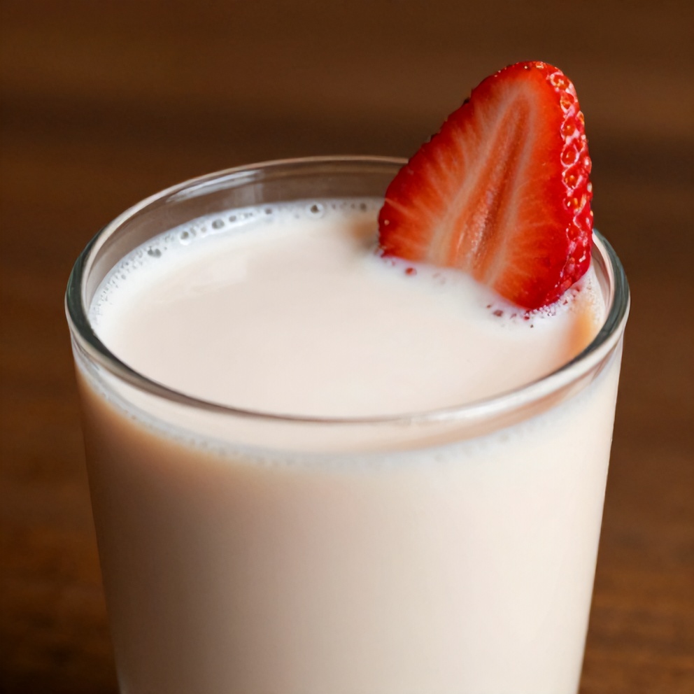 Glass of Korean Strawberry Milk with a strawberry slice garnish