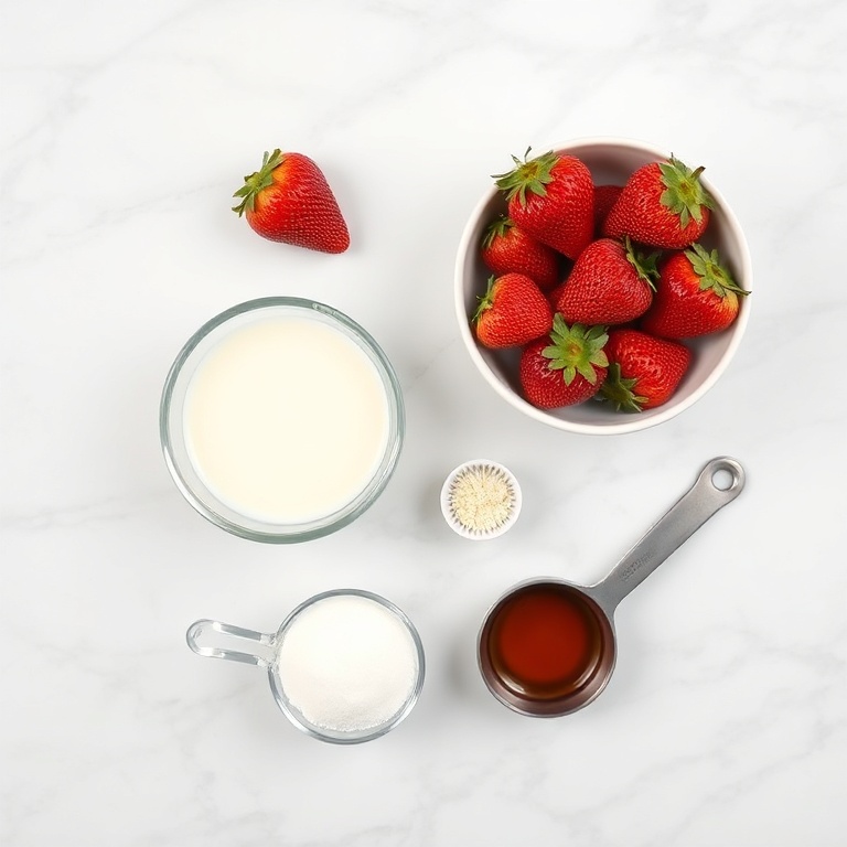 Strawberries, milk, sugar, and vanilla extract on a white marble surface