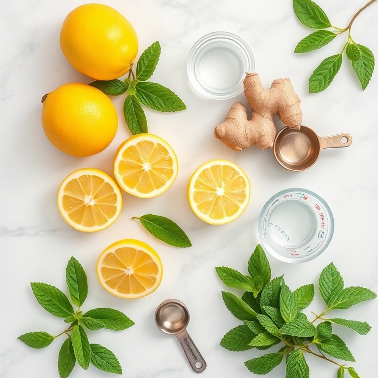 Lemons, ginger, water, and mint leaves on a wooden surface
