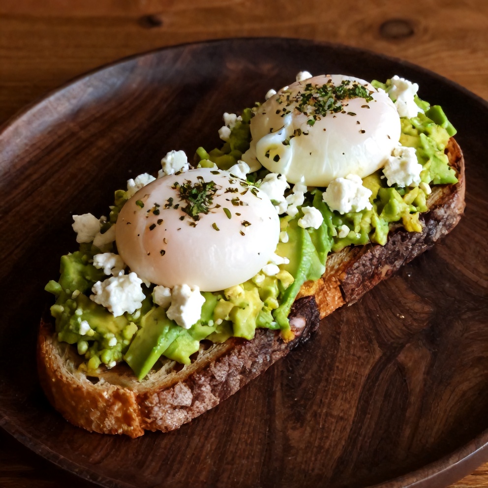 Mediterranean Avocado Toast with Poached Egg and Feta on a Plate