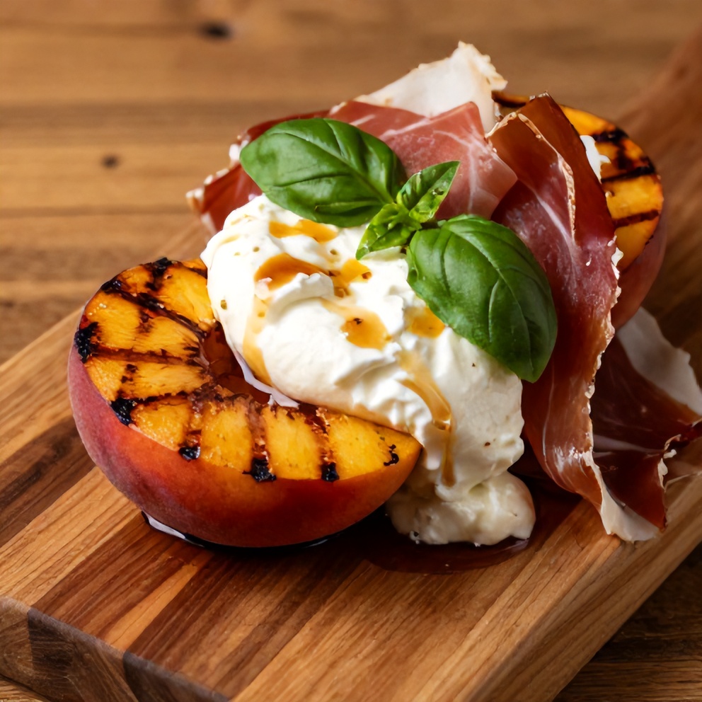 Plated Mediterranean Grilled Peach Salad with Burrata