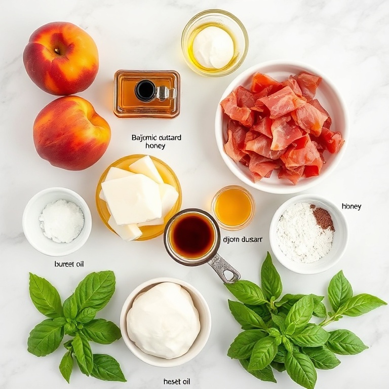 Raw ingredients for Mediterranean Grilled Peach Salad