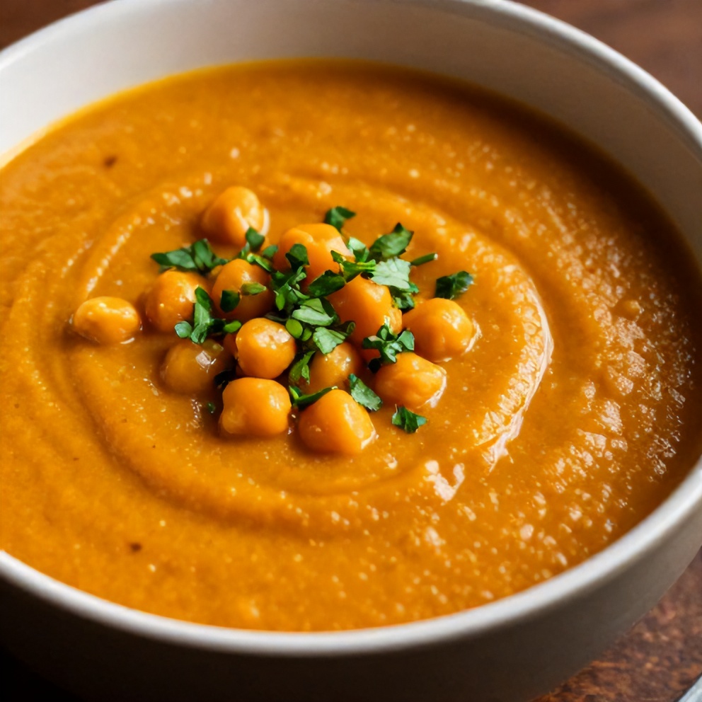 Bowl of Moroccan sweet potato and chickpea soup with a sprinkle of parsley