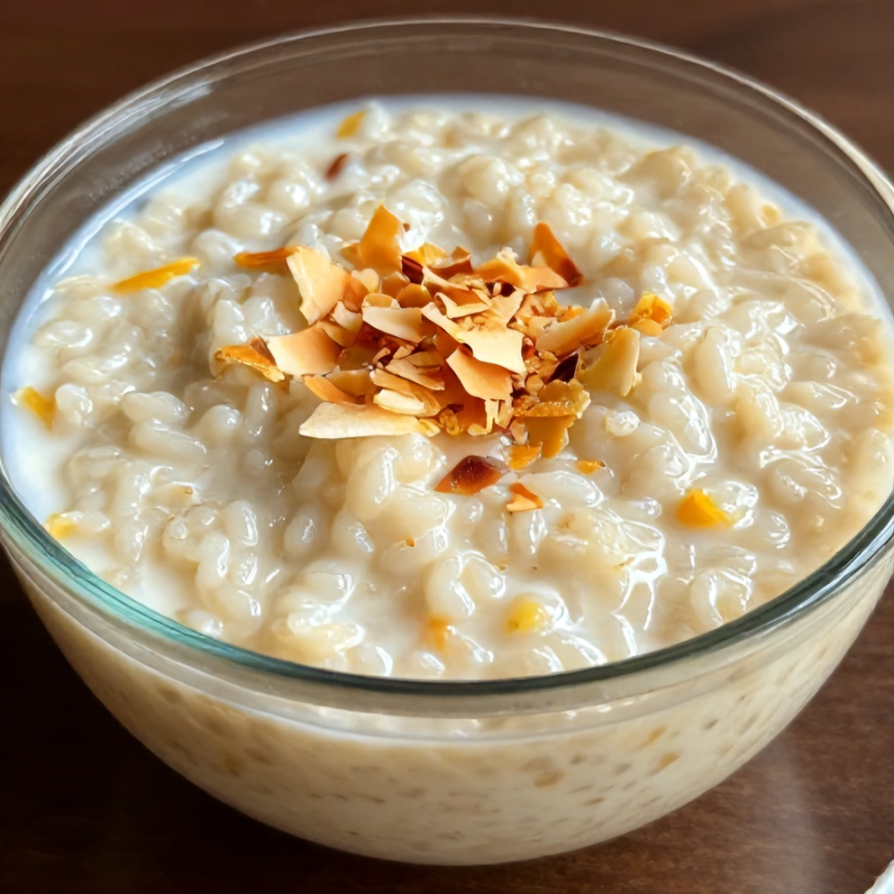 No-bake mango coconut rice pudding served in a glass bowl