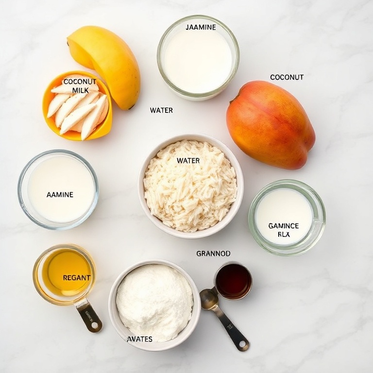 Ingredients for no-bake mango coconut rice pudding on a wooden surface