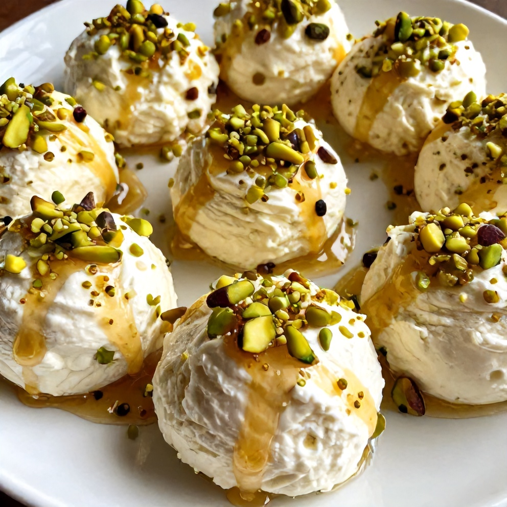 Plated no-bake ricotta cups with honey and pistachios