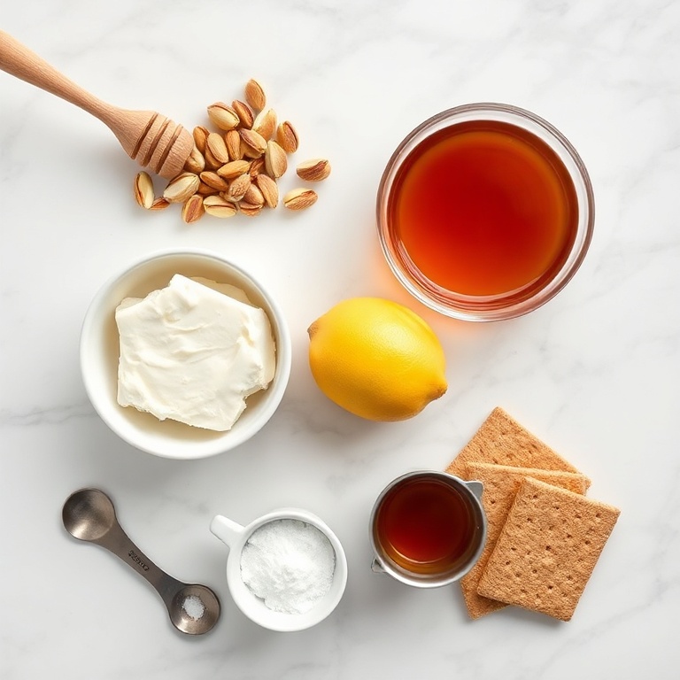 Raw ingredients for no-bake ricotta cups: ricotta, honey, pistachios, lemon zest, and graham crackers