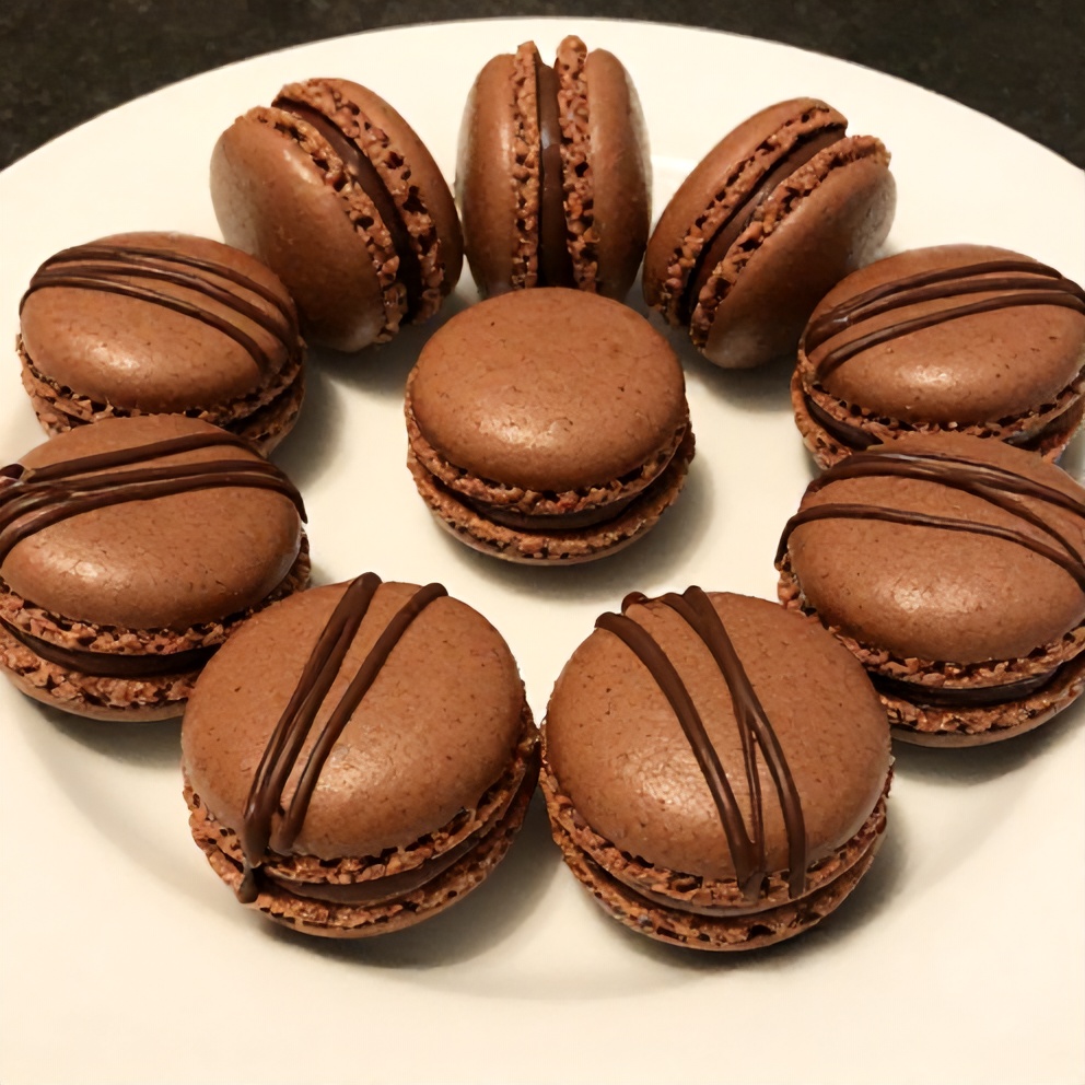 Chocolate macarons filled with buttercream on a white plate
