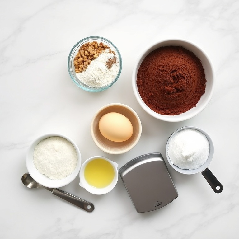 Raw ingredients for chocolate macarons on a marble surface