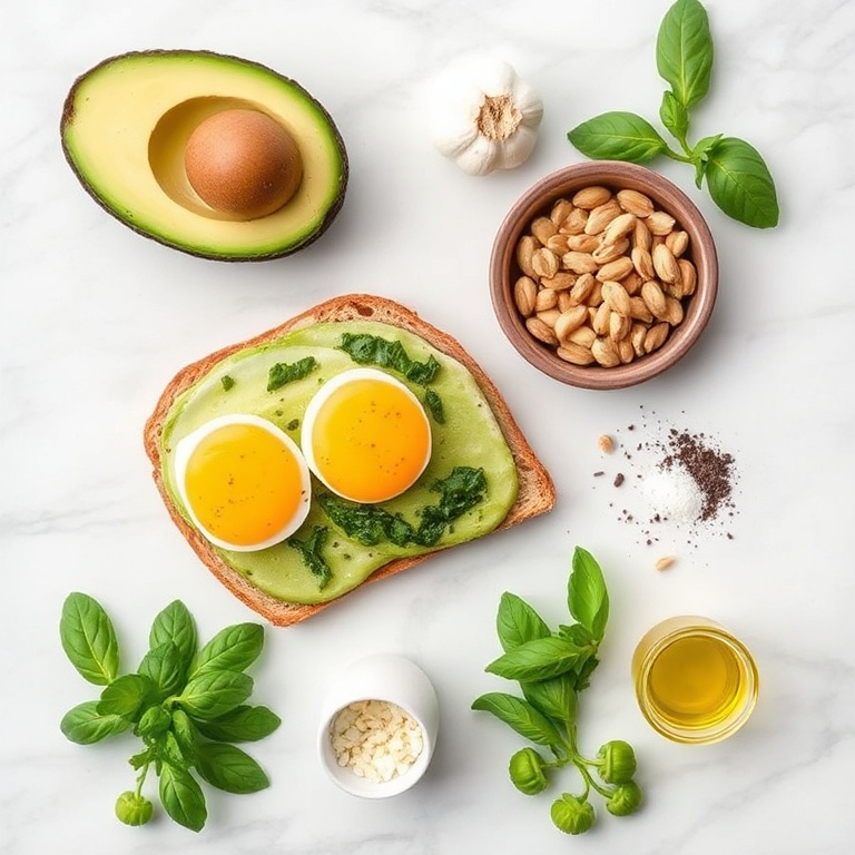 Avocado, Eggs, Pesto, Bread, Salt, Pepper