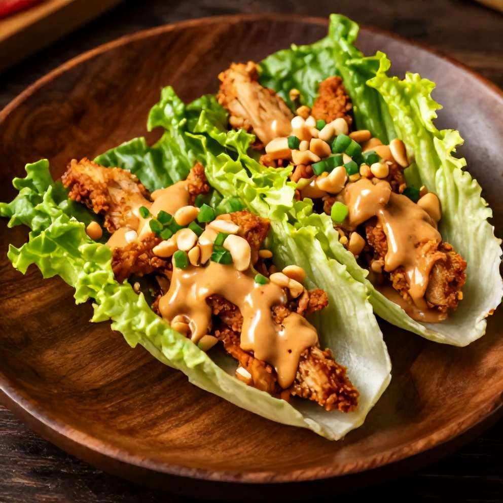 Plated Chicken Lettuce Wraps with Peanut Sauce