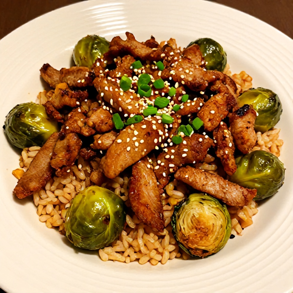 Finished Quick Spicy Pork Brussels Sprouts Bowls