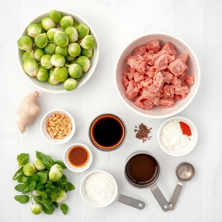 Raw ingredients for Quick Spicy Pork Brussels Sprouts Bowls