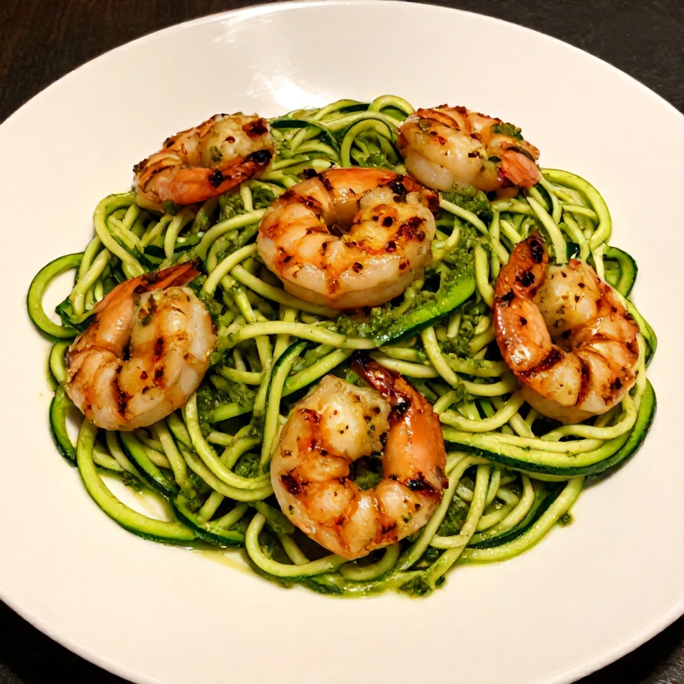 Plated zucchini noodles with pesto and grilled shrimp