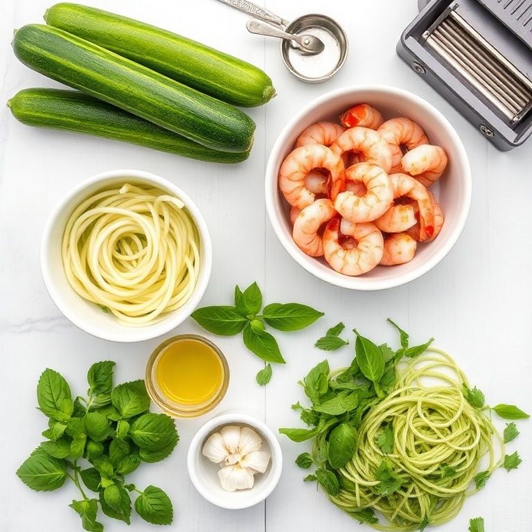 Raw ingredients for quick zucchini noodles with pesto and grilled shrimp