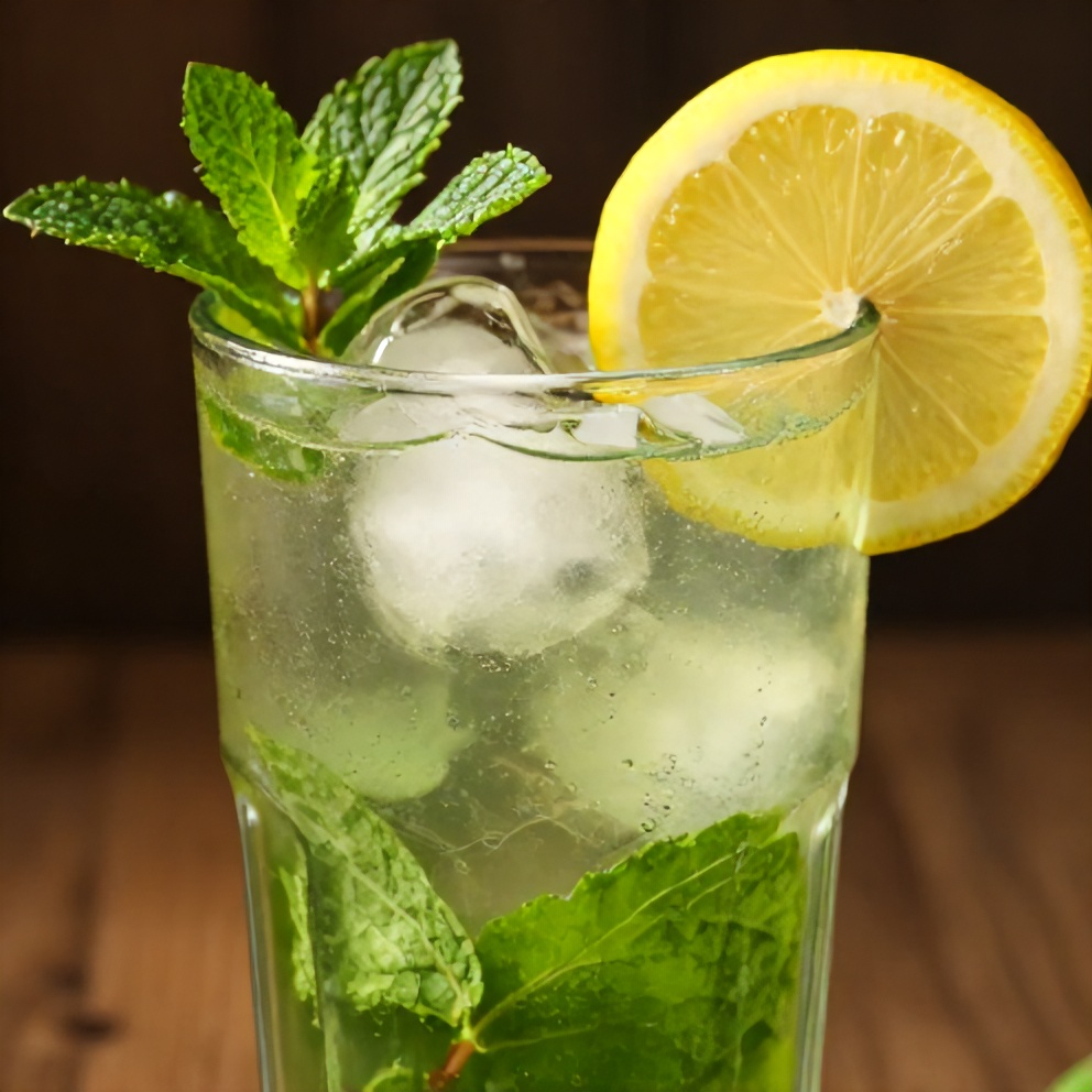 Glass of Refreshing Mint and Lemon Verbena Iced Tea with lemon slice
