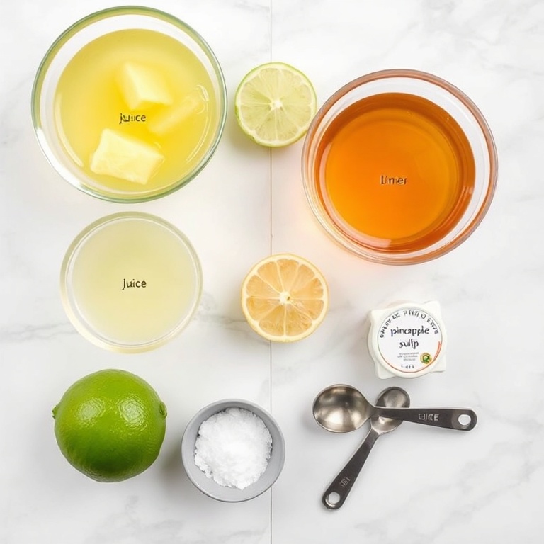 Raw ingredients for Pineapple Margarita Mocktail including pineapple juice, lime juice, simple syrup, and salt