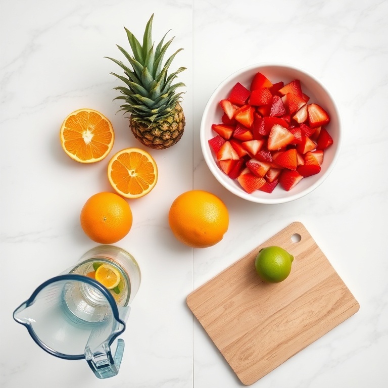 Raw ingredients for sparkling fruit punch laid out