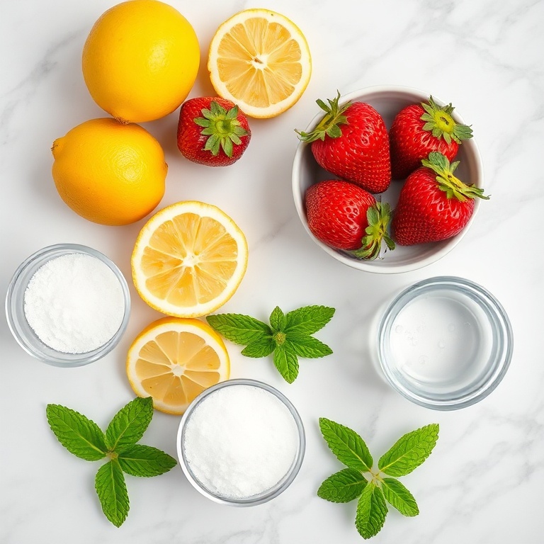 Strawberries, lemons, mint, sugar, and water on a wooden surface